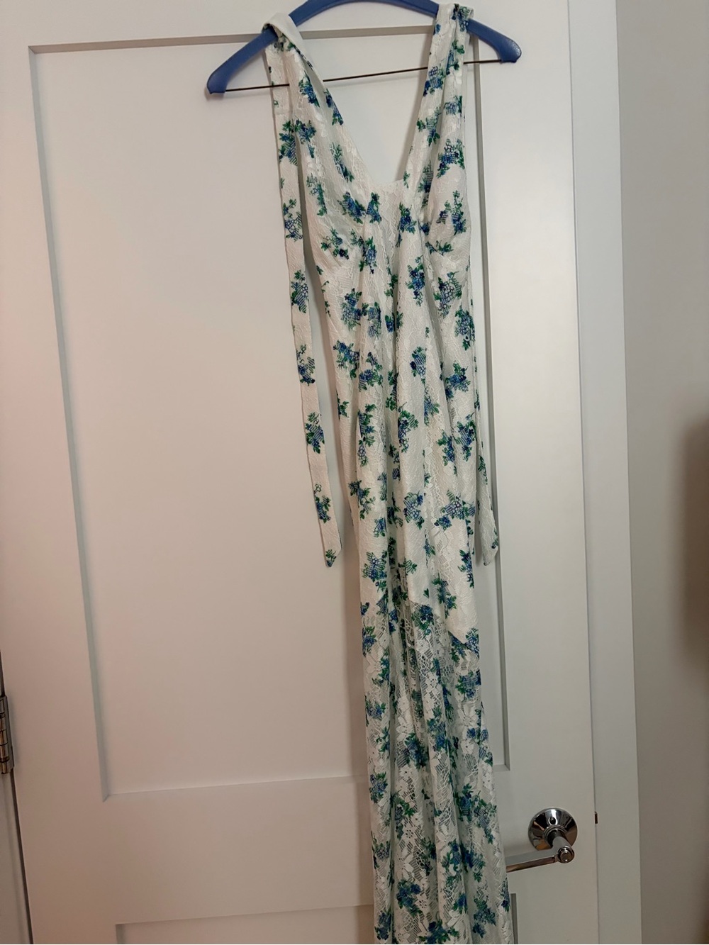 Lovers + Friends White Maxi Dress with Blue-Green Floral Print